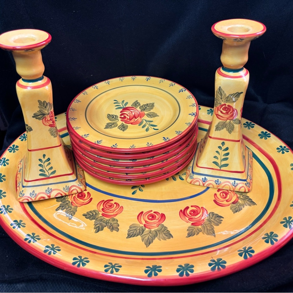 Noble Excellence Hand Painted Rose Stoneware Set – Platter, 6 Plates & Candle Ha